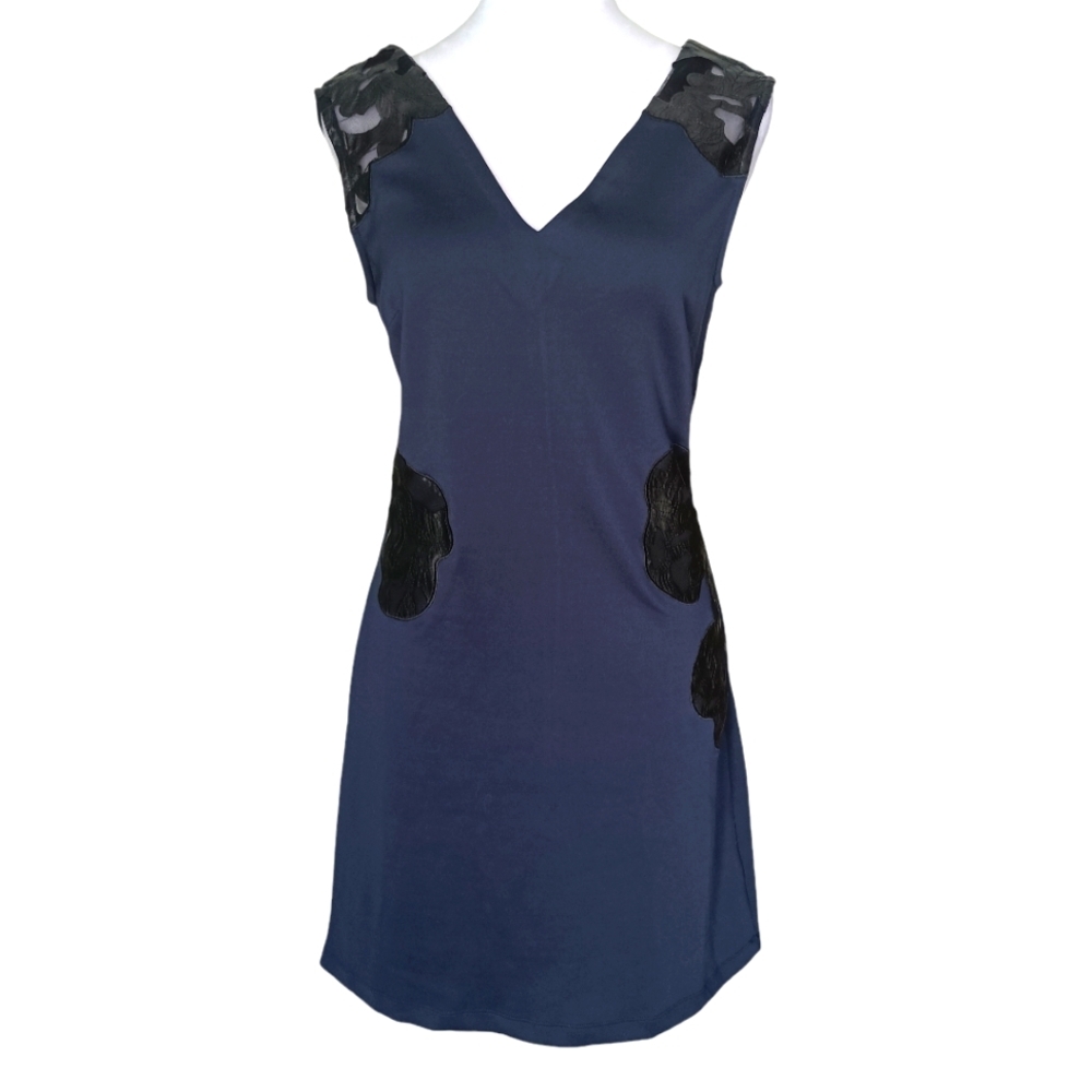 Mark. Dress Size S Petite Deep‎ Navy Blue Faux Leather V-Neck Sleeveless Midi